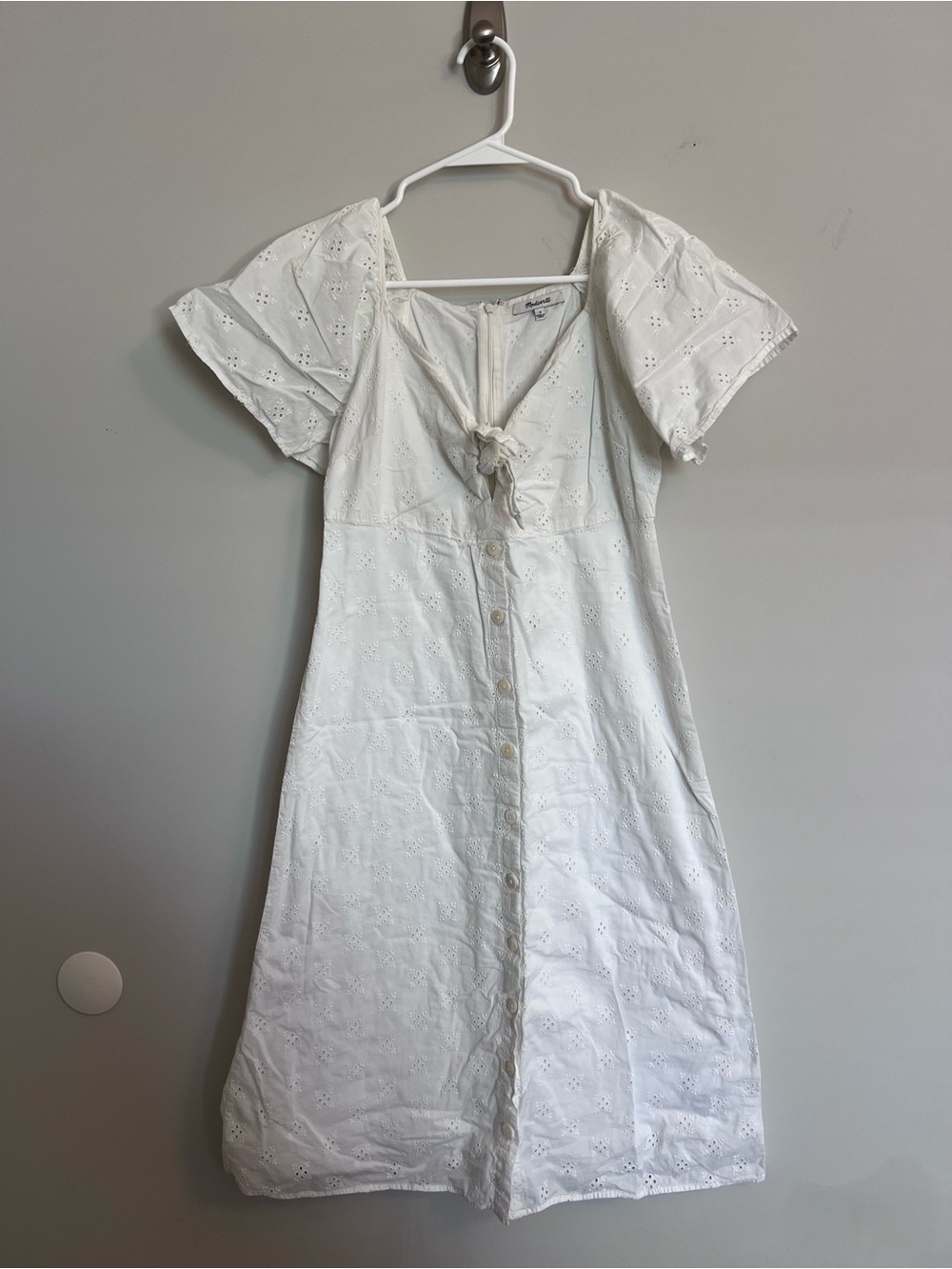 Madewell White Eyelet Button-Front Midi Dress with Tie Detail
